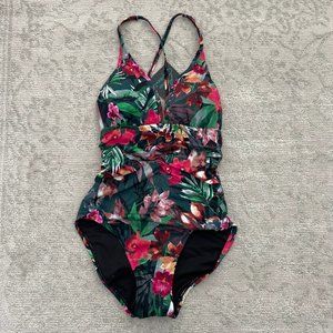 Aqua Green Floral One Piece Swimsuit Small Tropical Strappy NWT
